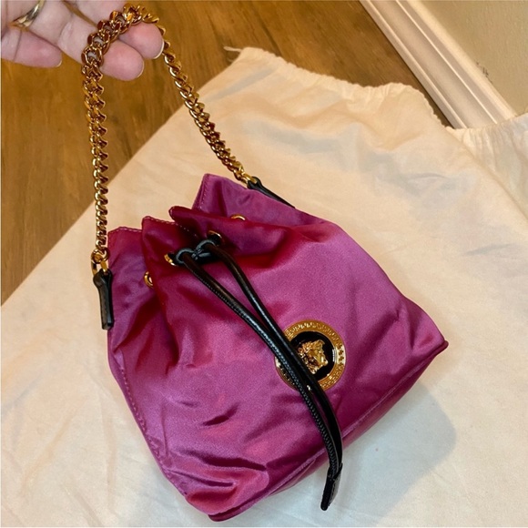 NEW!!! Versace Deep Fuschia Nylon and Black Leather Drawstring Bucket Bag - Picture 3 of 15
